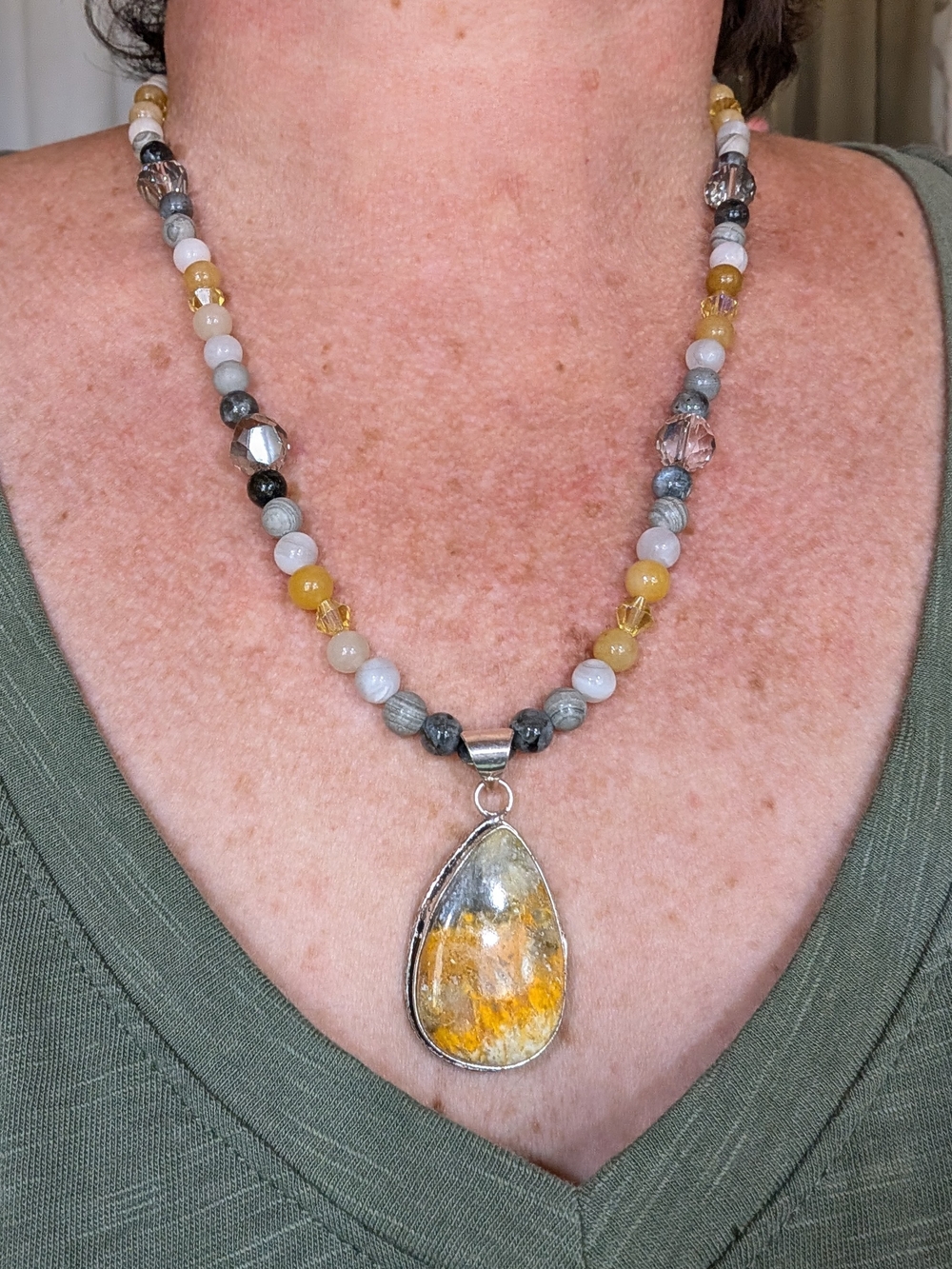 Handcrafted Yellow & Gray Beaded Pendant Necklace